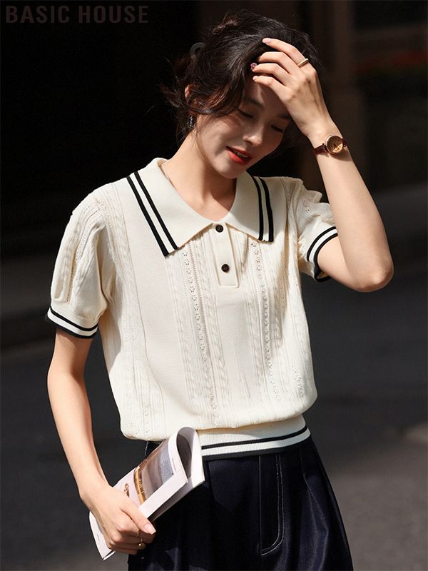 한 부서 학원 스타일 배색 POLO 칼라 스트라이프 니트 반팔 여성 2026 새로운 여름 긍정적 인 어깨 쇼트 스타일 티셔츠 여성