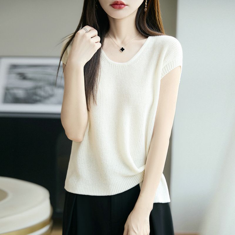 여름 아마 라운드 넥 얼음 실크 니트 반팔 여성 단색 디자인 센스 부서 버클 티셔츠 외국 가스 다용도 맨위 얇은 스타일