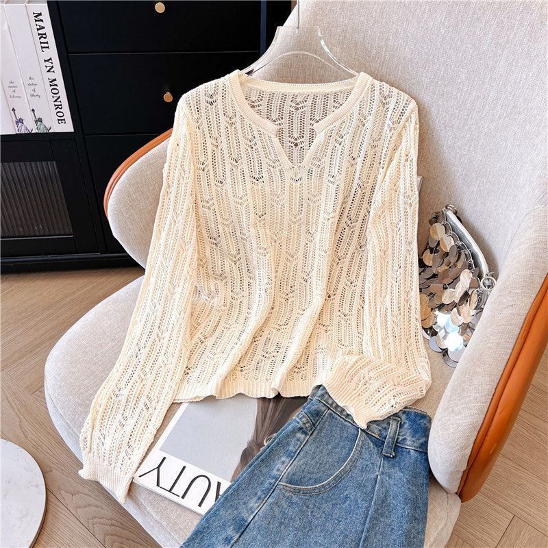 패션 홀로우 아웃 V넥 루즈핏 느긋한 바람 가을 새로운 맨위 여성 풀오버 인터넷 유명인 디자인 센스 니트 스웨터 외출용