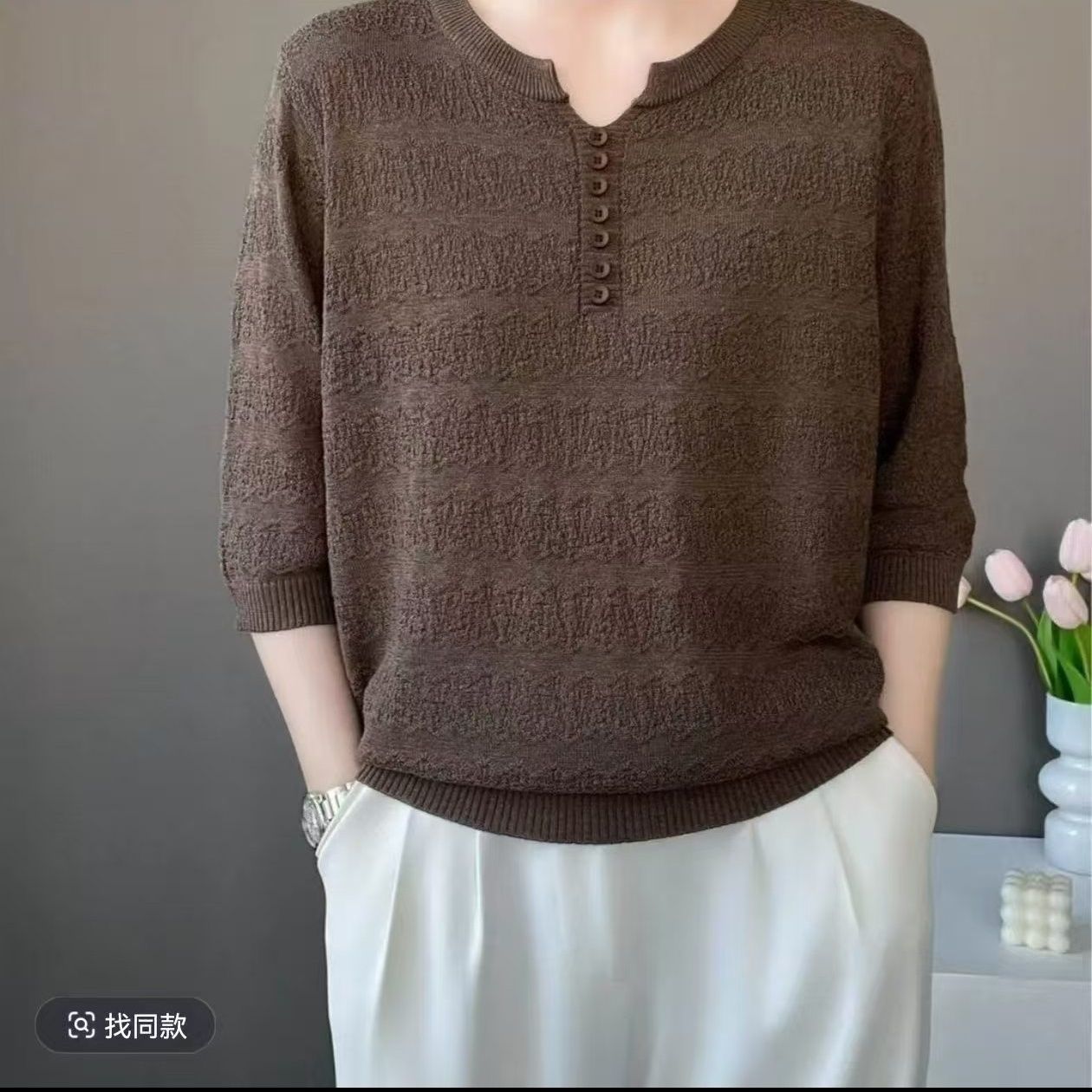 패션 7부 소매 티셔츠 얼음 실크 니트 스웨터 루즈핏 표지 배 중년 엄마 패션 다용도 외국 가스 얇은 스타일 맨위