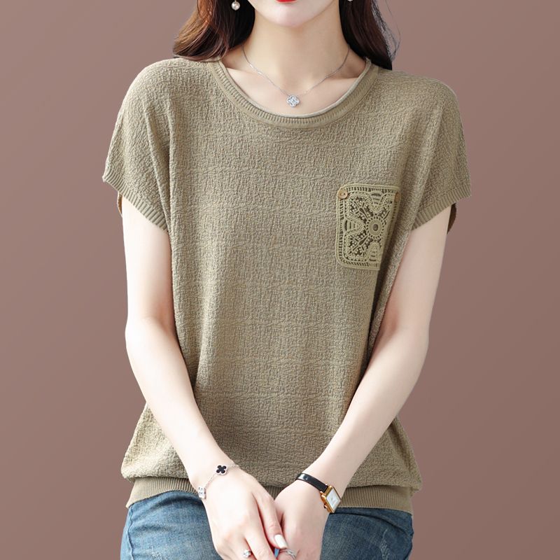 2026 여름 새로운 얼음 실크 티셔츠 여성용 짧은 소매 얇은 스타일 루즈핏 빅 사이즈 라운드 넥 니트 스웨터 표지 배 맨위 여성