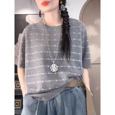批发新款时尚条纹冰丝针织衫女夏季<b class='q'>妈妈装</b>宽松显瘦中袖洋气减龄T恤女