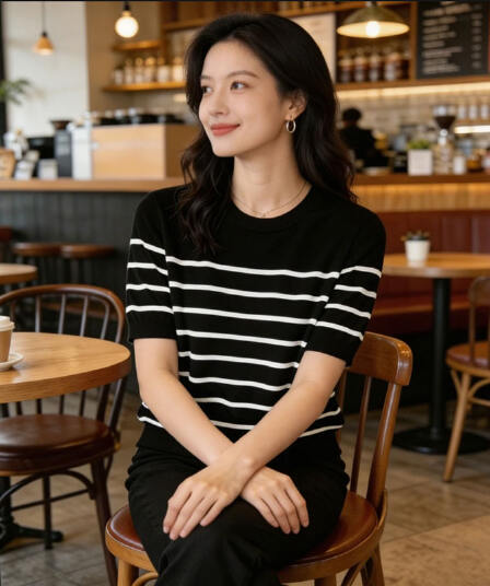 여름 클래식 라이 경기 서울 주간 실크 패션 연령 감소 외국 가스 슬림해 보이는 다용도 라운드 넥 스트라이프 니트 반팔 맨위 여성