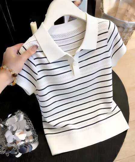 한 부서 배색 스트라이프 polo 폴로 칼라 니트 반팔 티셔츠 여성 여름 새로운 디자인 센스 홀로우 아웃 긍정적 인 어깨 의류