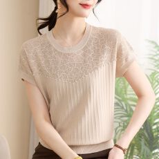 批发夏季时尚妈妈t恤短袖上衣中老年套头圆领冰丝针织<b class='q'>衫</b>宽松体恤上衣