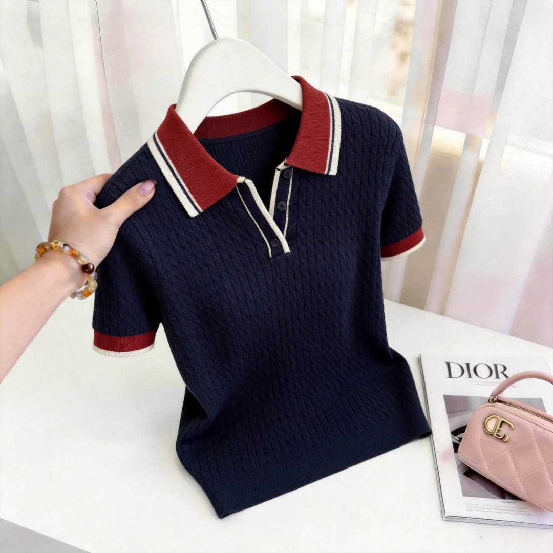 패션 배색 마 무늬 폴로 칼라 반팔 한 부서 부드러운 바람 polo 얼음 실크 니트 스웨터 슬림해 보이는 다용도 맨위 여성