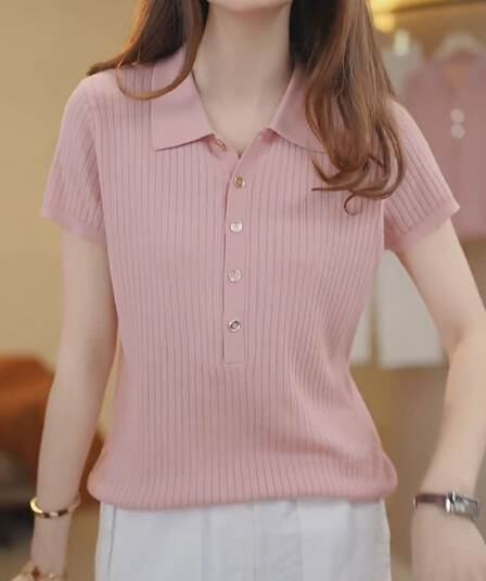 라이 경기 서울 주간 실크 얇고 가벼운 반팔 니트 스웨터 맨위 빅 사이즈 연령 감소 슬림해 보이는 연령 감소 표지 고기 폴로 칼라 맨위 여성