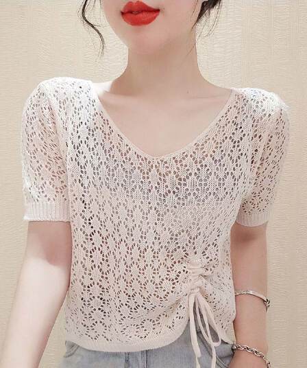외부 가져 가라. 홀로우 아웃 니트 스웨터 여성 의류 블라우스 반팔 티셔츠 펌프 로프 슬리브 머리 인터넷 셔츠 얇은 스타일 V넥 다용도 작은 대중 맨위