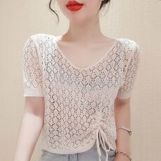 批发外搭镂空针织衫女装罩衫短袖t恤抽绳套头网衫薄款V领<b class='q'>百搭</b>小众上衣