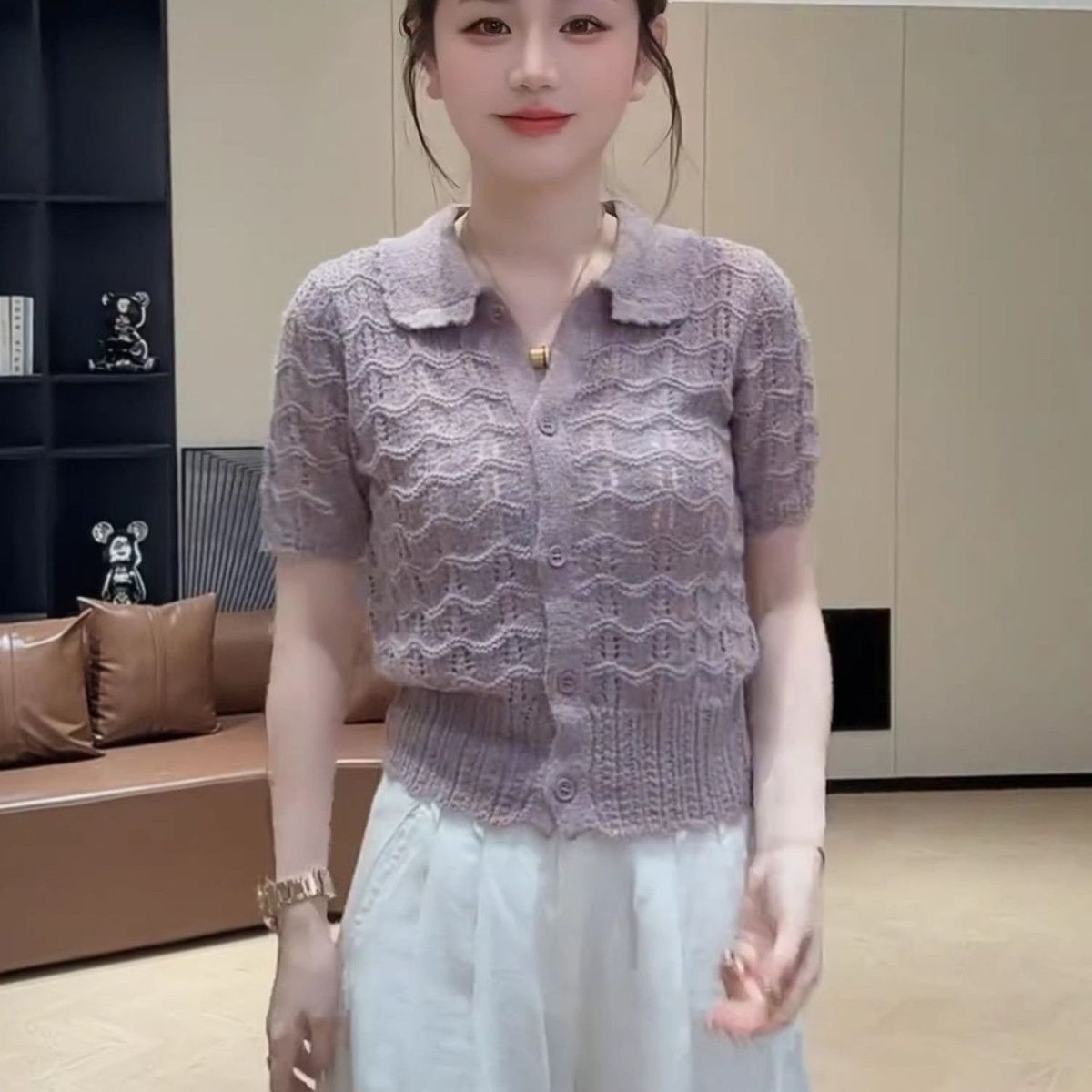 한 부서 패션 홀로우 아웃 POLO 칼라 반팔 니트 티셔츠 여성 여름 작은 샤넬 스타일 싱글 줄 버튼 다용도 슬림해 보이는 맨위