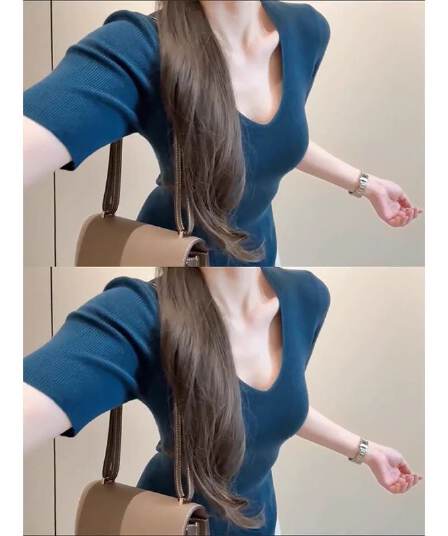 프랑스식 패션 다용도 V넥 몸매 가꾸기 슬림해 보이는 반팔 티셔츠 여성 여름 얇은 스타일 고급 센스 긍정적 인 어깨 니트 스웨터 맨위
