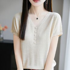 批发简约通勤V领短袖天丝针织夏季洋气新款宽松纯色T恤透气轻薄上衣女