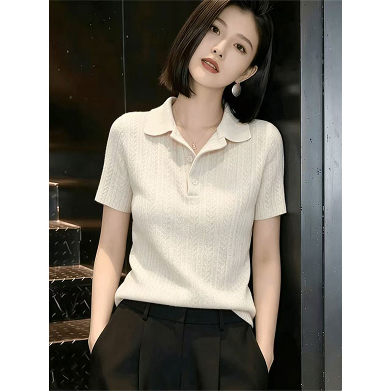 프랑스식 패션 POLO 칼라 반팔 얼음 실크 니트 스웨터 여성 여름 지방 mm 고급 센스 슬림해 보이는 긍정적 인 어깨 다용도 맨위