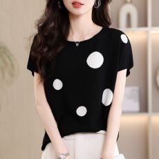 批发高档<b class='q'>桑蚕丝</b>波点针织短袖T恤夏季新款女时尚洋气宽松减龄显瘦<b class='q'>上衣</b>