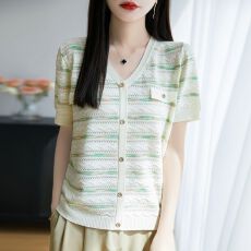 批发新款高端短袖冰丝假兜女<b class='q'>桑蚕丝</b>夏季v领天丝小衫洋气小香风针织衫