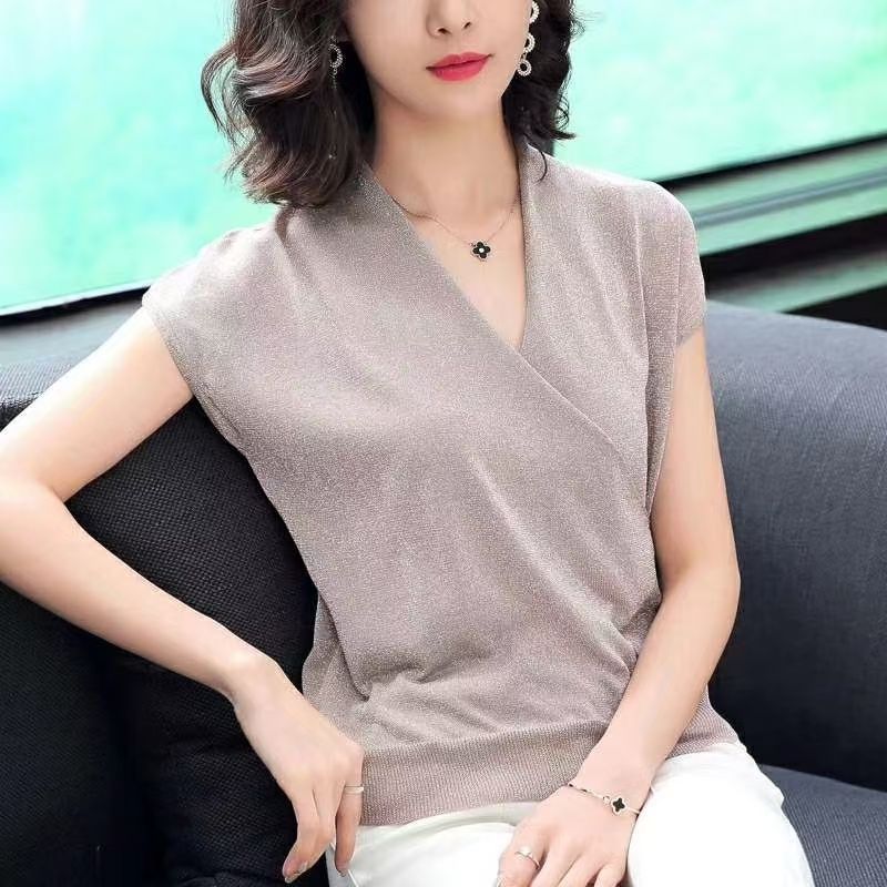 한국 스타일 아메리칸 얼음 실크 니트 티셔츠 여름 새로운 루즈핏 캐주얼 단색 슬림해 보이는 트렌드 도파민 맨위 여성