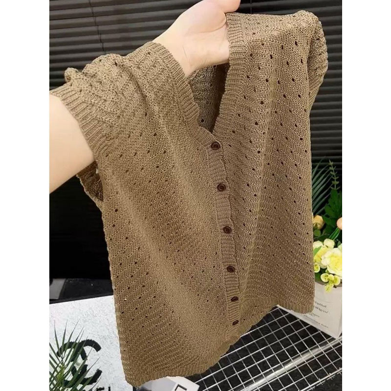 오래된 돈 바람 홀로우 아웃 니트 오픈 가디건 Feifei 소매 품격 고급 센스 루즈핏 다용도 여름 새로운 V넥 여성 셔츠