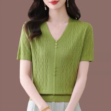 批发夏季新款V领女时尚百搭减龄显瘦洋气遮肉t恤女薄短袖冰丝<b class='q'>针织衫</b>女