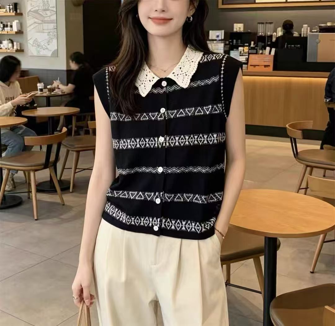 여름 새로운 디자인 센스 POLO 칼라 니트 오픈 가디건 민소매 조끼 여성 몸매 가꾸기 슬림해 보이는 품격 다용도 고급 맨위