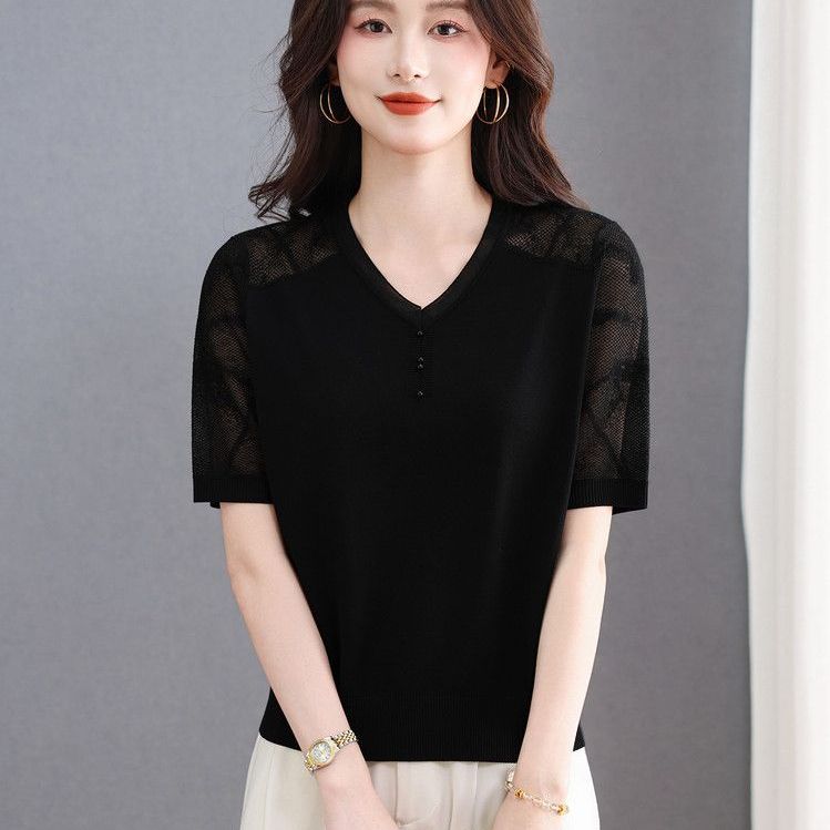 2026 여름 새로운 얼음 실크 반팔 패션 티셔츠 여성 레저 다용도 레이스 외국 가스 슬림해 보이는 니트 맨위 여성