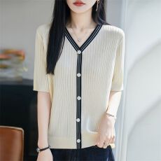 批发高档天丝短袖t恤女v领小香风<b class='q'>针织</b><b class='q'>开衫</b>夏季2026新款宽松洋气上衣女