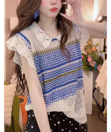 패션 레이스 조각 얼음 아마 니트 스트라이프 반팔 티셔츠 루즈핏 라운드 넥 여름 홀로우 아웃 루즈핏 맨위 여성