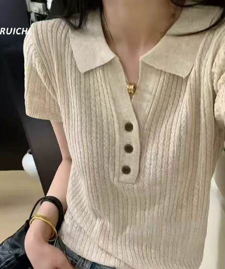 한 부서 오래된 돈 바람 여름 새로운 POLO 칼라 수직 곡물 레트로 단추 디자인 센스 얇은 스타일 주간 실크 니트 스웨터 맨위