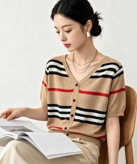 여름 빅 사이즈 품격 다용도 스트라이프 배색 주간 실크 니트 반팔 오픈 가디건 얇고 가벼운 표지 고기 캐주얼 출퇴근 맨위