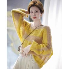 批发<b class='q'>春</b>秋新款撞色软糯毛衣女减龄洋气时尚百搭减龄镂空外搭针织衫上衣