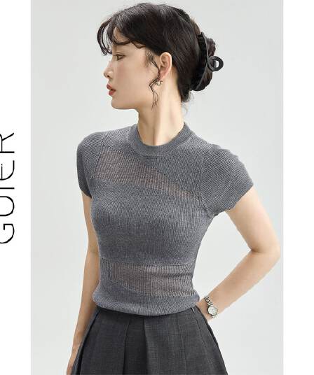 한 부서 작은 원 칼라 홀로우 아웃 얼음 실크 니트 반팔 여성 봄 여름 가을 몸매 가꾸기 달콤한 매운맛 긍정적 인 어깨 슬림해 보이는 티셔츠 맨위 여성