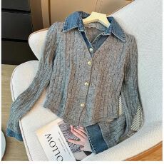 批发时尚翻领<b class='q'>牛仔</b>拼接假两件长袖针织衫女秋季学院风气质百搭短款上衣