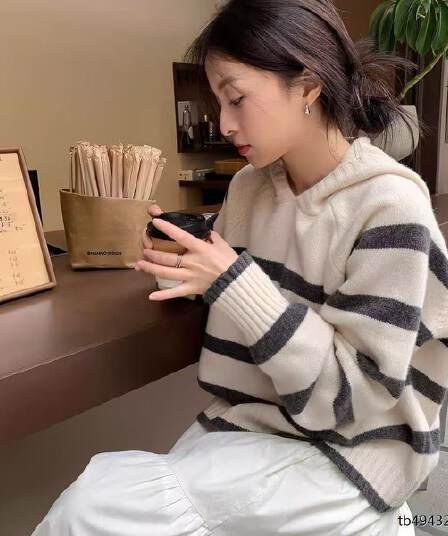 후드 스웨터 가을 겨울 새로운 스트라이프 루즈핏 풀오버 학원 한 부서 니트 스웨터 스웨터 느긋한 맨위 여성