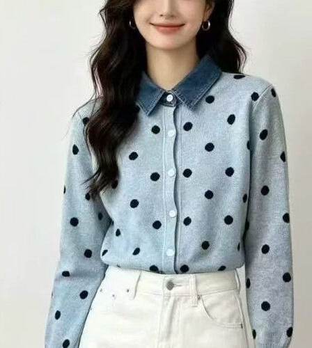항구 바람 레트로 도트 무늬 페이크 레이어드 데님 패치워크 POLO 칼라 패션 니트 스웨터 부드러운 찹쌀 연령 감소 스웨터 여성 코트