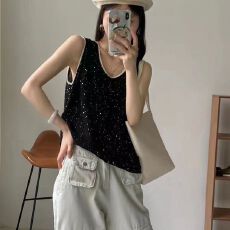 批发时尚重工亮片背心女休闲宽松冰丝<b class='q'>针织衫</b>圆领简约显瘦无袖背心上衣