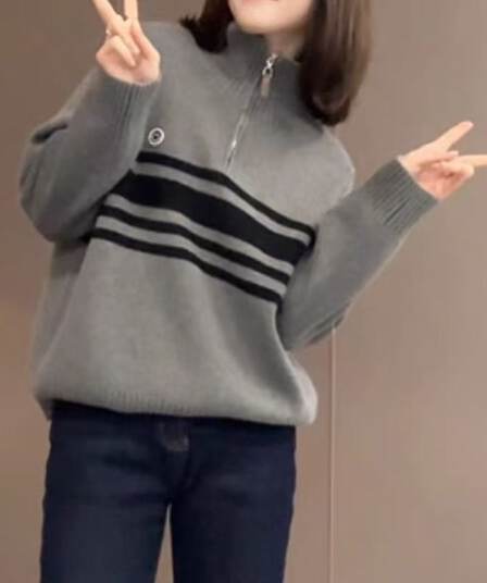 스탠드 칼라 半拉 달구다 사슬 스트라이프 스웨터 새로운 가을 겨울 빅 사이즈 품격 연령 감소 느긋한 슬림해 보이는 다용도 니트 스웨터 켜기