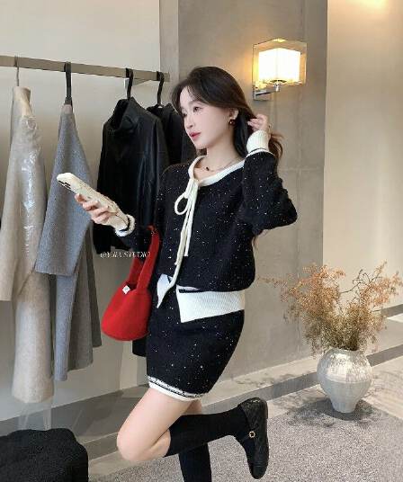 한 부서 패션 미니멀리즘 품격 다용도 단색 긴팔 스웨터 치마 달콤함 편안함 하이웨이스트 슬림해 보이는 두 조각 여성 세트