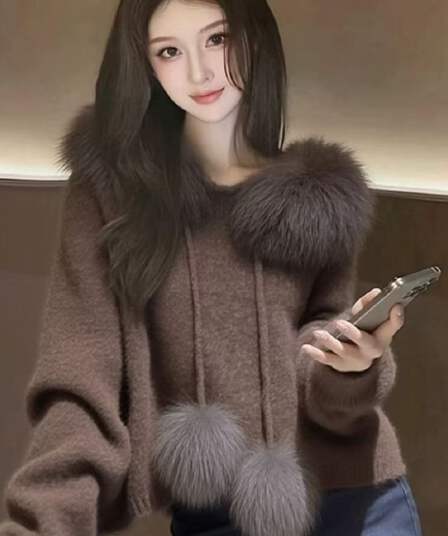 고급 한 부서 패션 모피 칼라 스웨터 후드 두꺼운 니트 새로운 가을 겨울 느긋한 슬림해 보이는 재킷 쇼트 스타일 맨위