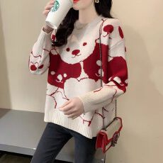 批发韩版奶甜可爱小熊秋冬新款慵懒风毛衣女韩系温柔可爱风百搭上衣女