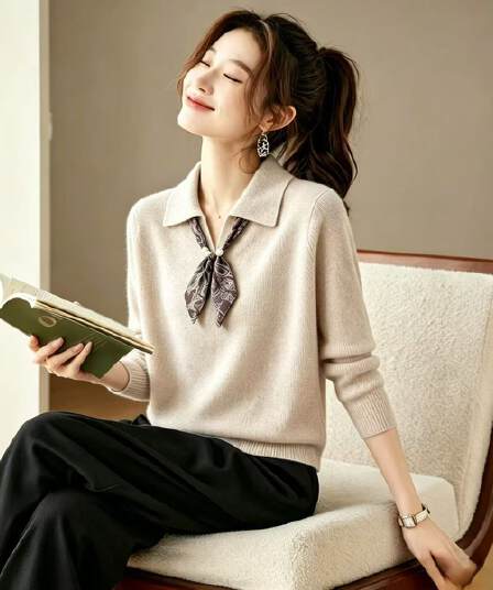 오래된 돈 바람 리본 패션 봄과 가을 폴로 칼라 스카프 니트 여성 루즈핏 슬림해 보이는 다용도 맨위 스웨터 기본 셔츠