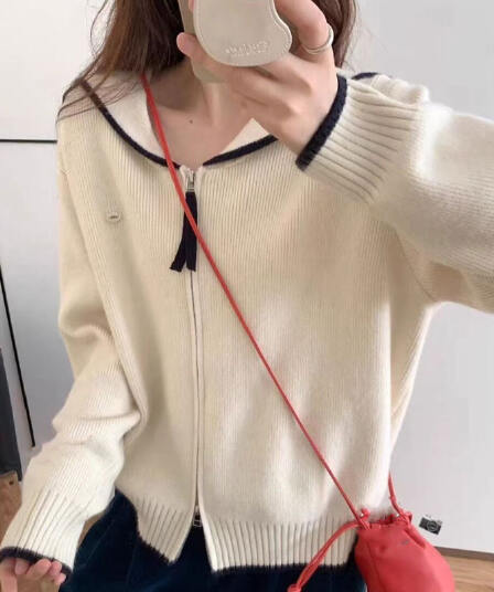 가을 의상 새로운 여성 한국 스타일 루즈핏 패션 달콤함 해군 칼라 스웨터 오픈 가디건 다용도 캐주얼 스웨터 코트 맨위