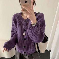 批发韩系简约温柔风秋冬新款加厚圆领毛衣爆款短开衫针织百搭显瘦外套