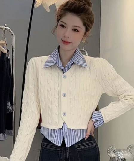 한 부서 패션 스트라이프 새로운 패치워크 셔츠 스웨터 POLO 칼라 두 조각 학원 스타일 다용도 니트 재킷 맨위