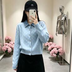批发法式波点两件牛仔拼接POLO开衫<b class='q'>针织衫</b>减龄毛衣外套秋冬季新款上衣