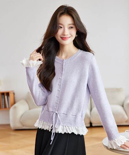 가을 새로운 페이크 레이어드 레이스 측면 길이 소매 짠 셔츠 여성 부드러운 찹쌀 스웨터 허리 수축 슬림해 보이는 쇼트 스타일 오픈 가디건 맨위