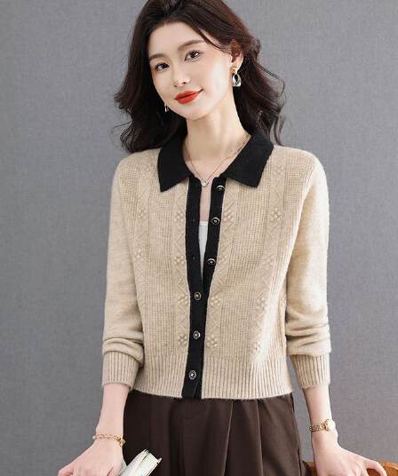 가을 의상 하이웨이스트 쇼트 스타일 스웨터 여자 새로운 니트 오픈 가디건 패치워크 색상 패션 외국 가스 작은 키 탑 옷깃 재킷