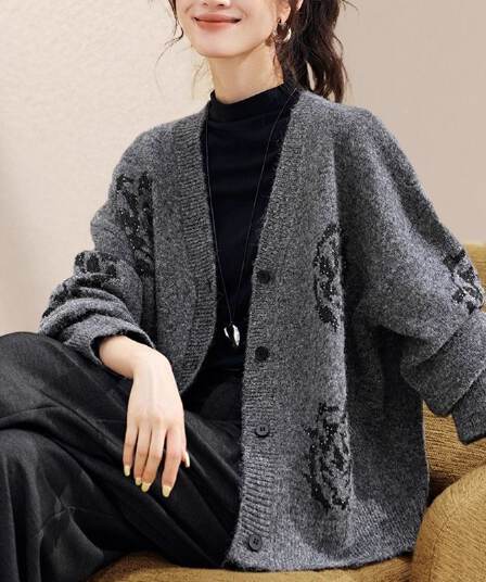 느긋한 바람 회색 오픈 가디건 스웨터 코트 가을 겨울철 루즈핏 슬림해 보이는 캐주얼 V넥 스팽글 니트 오픈 가디건 외부 가져 가라.