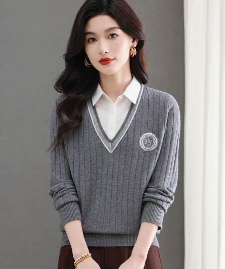 패치워크 페이크 레이어드 스웨터 여자 패션 셔츠 칼라 맨위 봄 가을 새로운 외국 가스 루즈핏 슬림해 보이는 니트 기본 셔츠