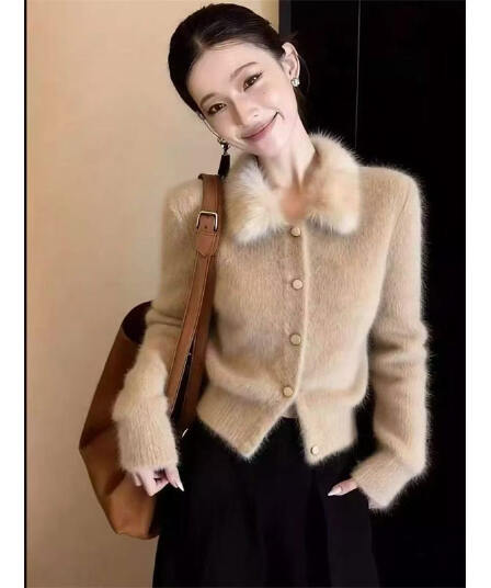 프랑스식 품격 패션 작은 샤넬 스타일 폴로 칼라 디자인 모피 칼라 패치워크 니트 오픈 가디건 여성 봄 가을 새로운 맨위 여성