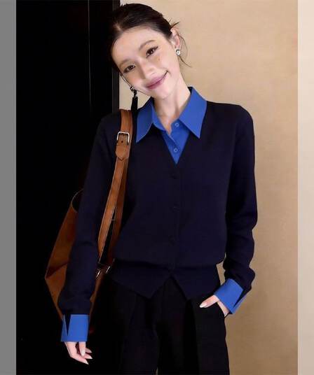 프랑스식 패션 출퇴근 배색 폴로 칼라 조기 가을 새로운 패션 페이크 레이어드 POLO 칼라 품격 다용도 니트 스웨터