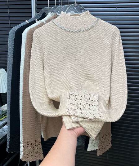 훈련 사슬 디자인 자수 질감 곡물 반하이넥 니트 기본 셔츠 봄 가을 겨울 품격 다용도 Chic 긴팔 맨위